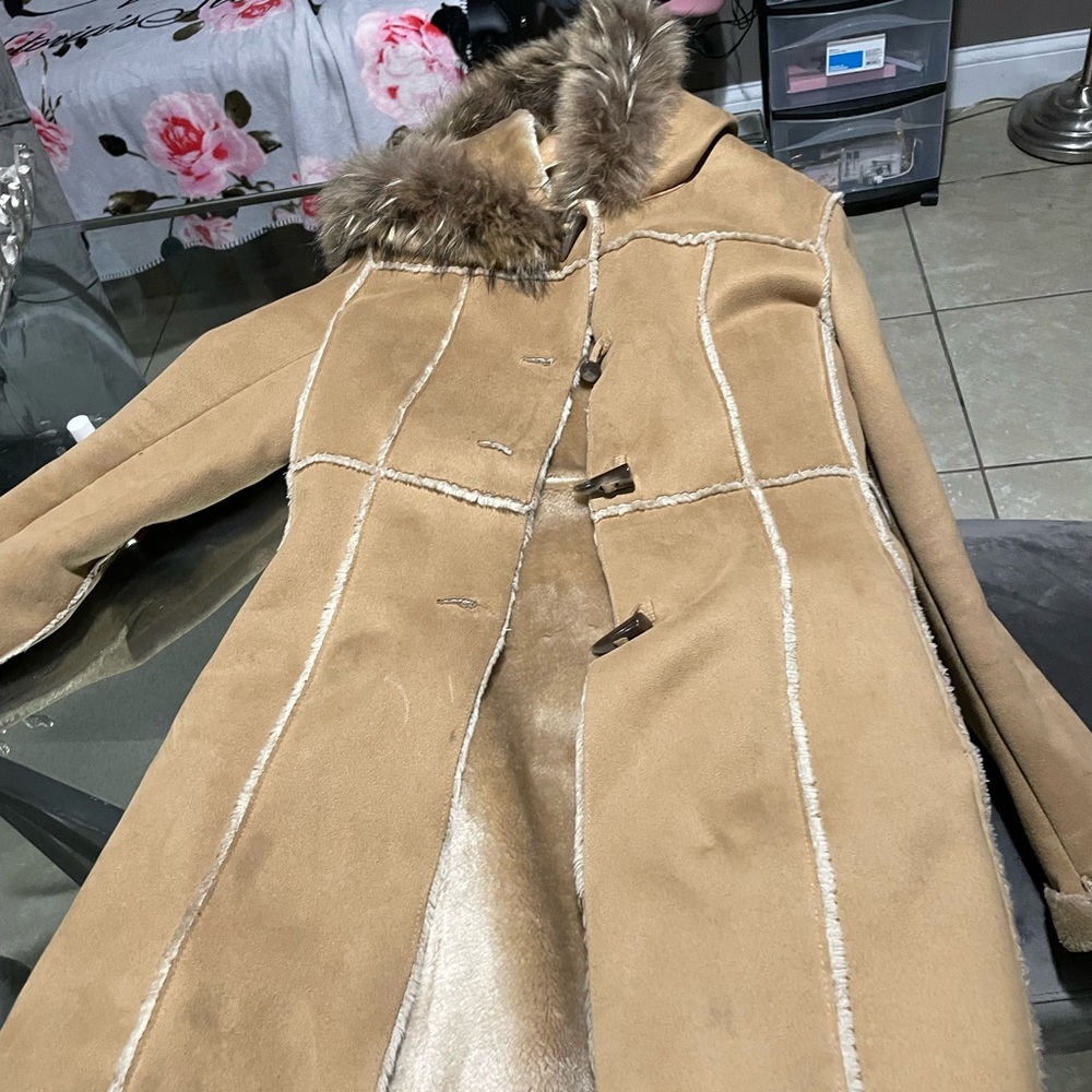 Cognac with fur trim faux shearling coat